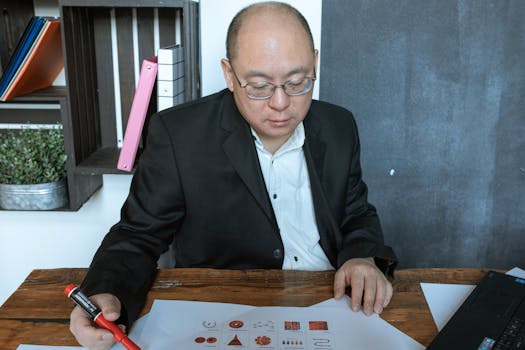 Business professional working with charts and diagrams at a desk.