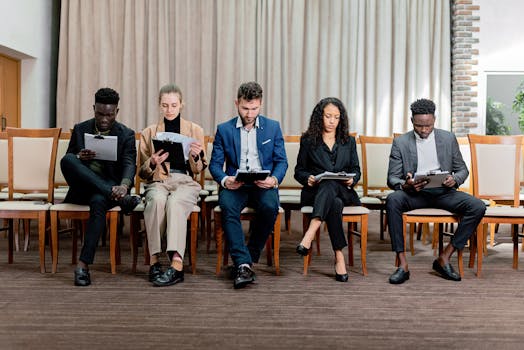 A diverse group of professionals attentively reviewing documents indoors.