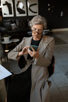 Elderly woman engaged with smartphone at modern workplace.