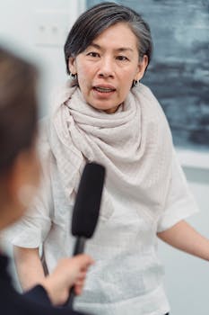 Mature woman speaking into a microphone, captured in a close indoor interview setting.